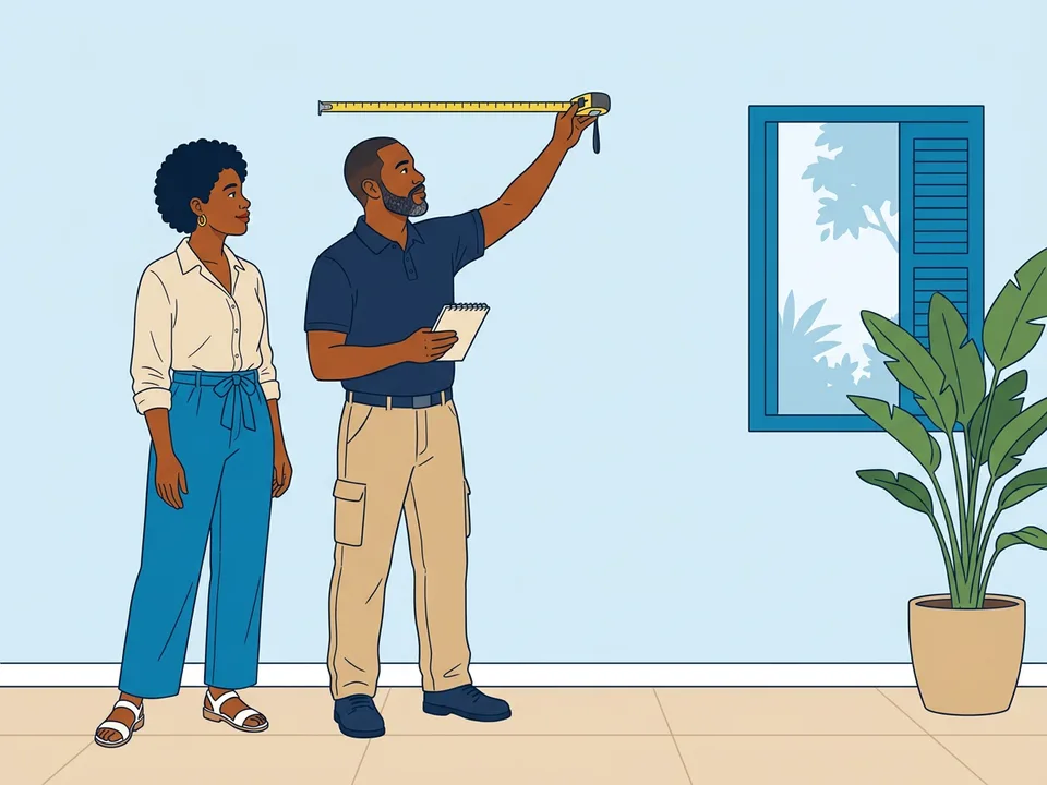 L'installateur mesure un mur intérieur, carnet en main, aux côtés de l'habitante