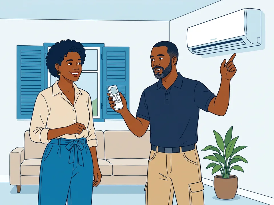 L'installateur présente la télécommande de la climatisation murale posée dans le salon