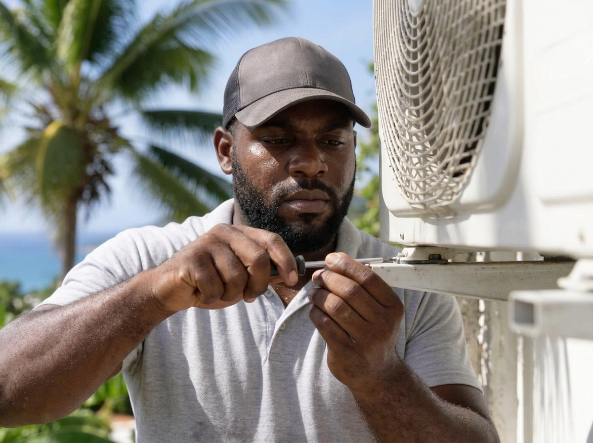 Un installateur fixe une unité extérieure de climatisation sur un chantier ensoleillé